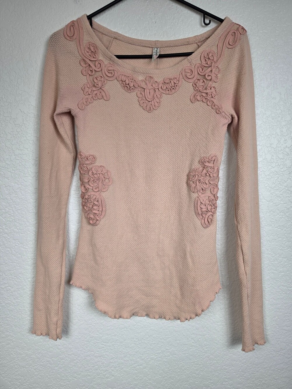 Free People Vintage Pink Floral Applique Knit Top XS